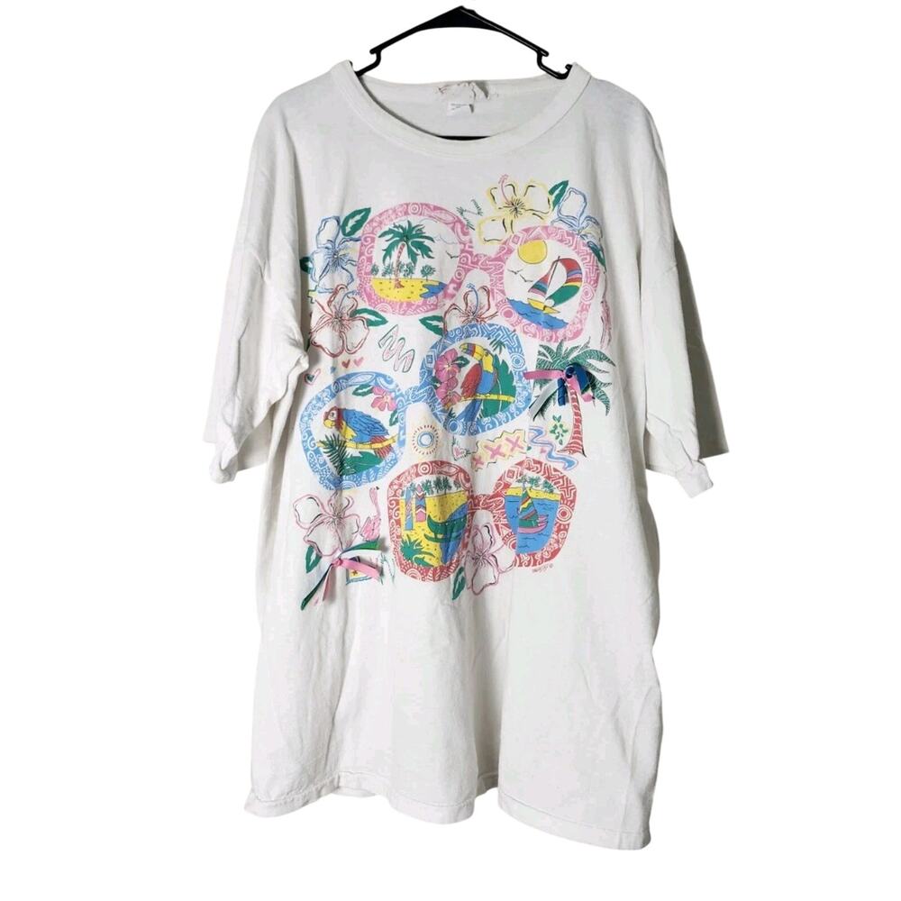 Vintage Theda Joy T-Shirt One Size‎ White Tropical Print